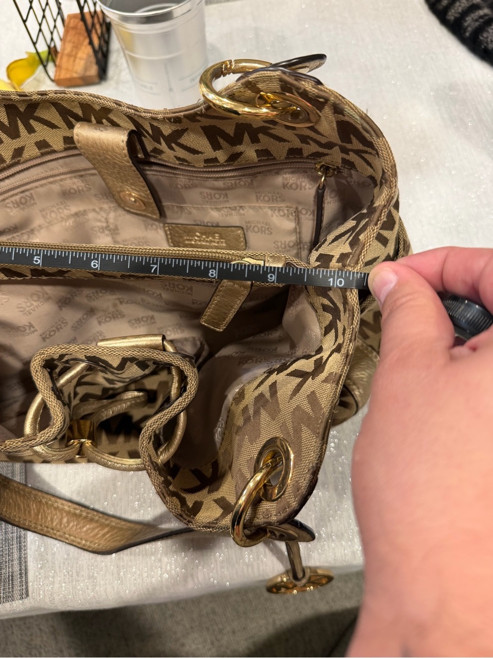 Michael Kors Brown/Tan MK Logo Drawstring Shoulder Bag - Picture 12 of 12